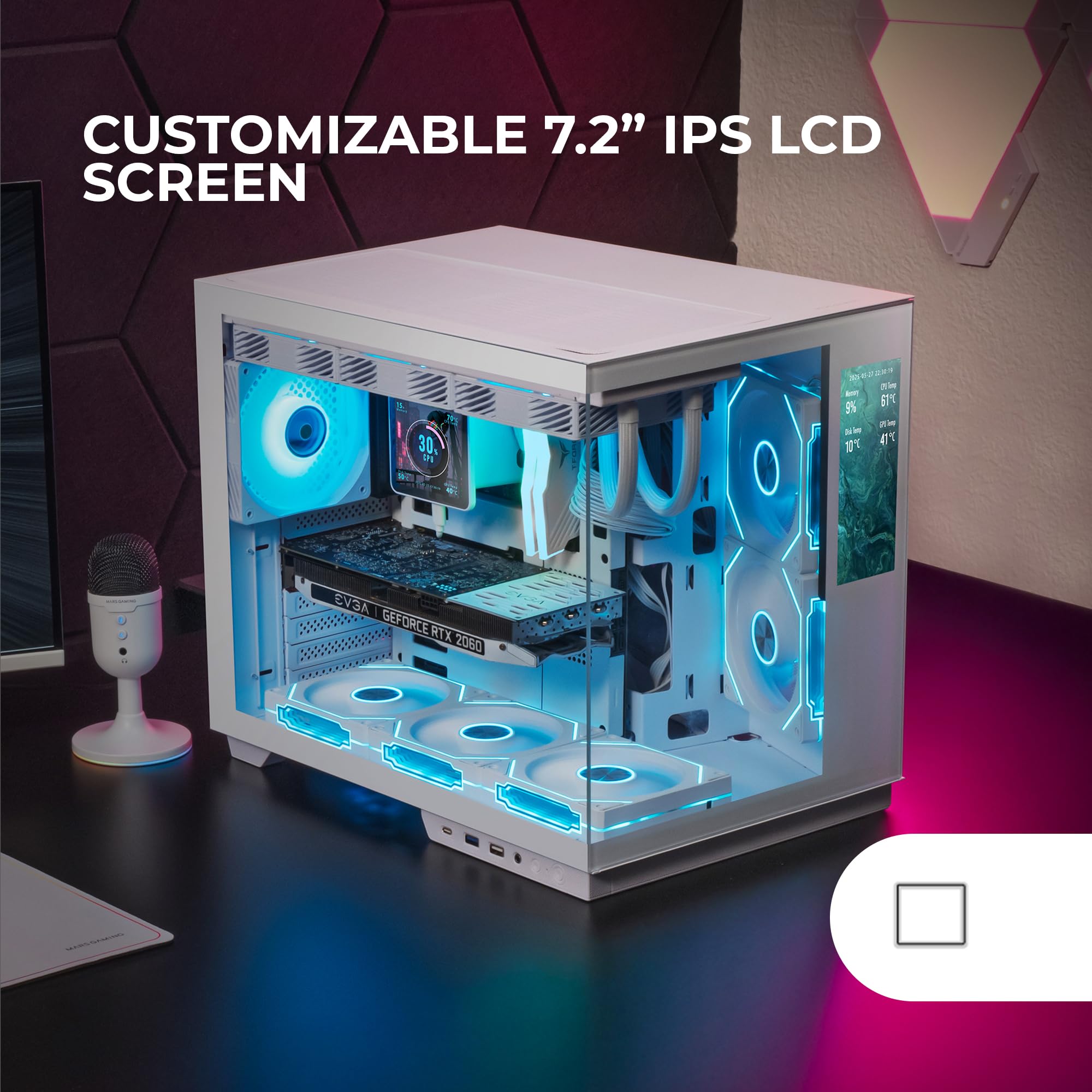 Mars Gaming MC-3TCORELCD Caja Gaming ATX, Pantalla IPS 7,2” Personalizable, Triple Cristal Templado Extraíble, Estructura Doble Cámara Lateral, Soporte de Refrigeración Líquida hasta 360mm, Blanco — view 53