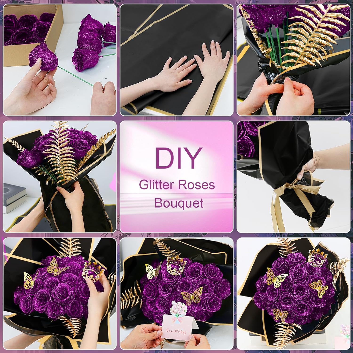 Glitter Flower Roses Bouquet - 24 Pack DIY Fake Shiny Rose with Stems Eternal Floral for Elegance Wedding Bouquet Anniversary Birthday, Valentine's Day, Mother's Day, Love Gift- Purple - Image 3