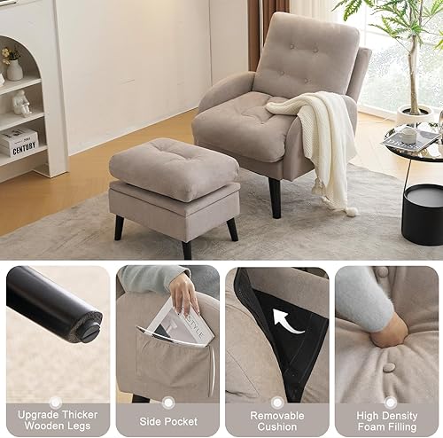 Miniatura 6 de Silla decorativa con respaldo ajustable otomano, silla de sala de estar tapizada con juego de reposapiés, silla moderna, acogedora silla reclinable