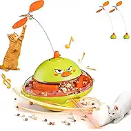 hooroor 4-in-1 Automatic Cat Interactive Toy, Self-Balancing Spinning Laser Pointer w/Feather Teaser&Treat Dispenser, Bird Chirping, 360° Rotation, Quad-Sensory Boredom Relief for Indoor Cats