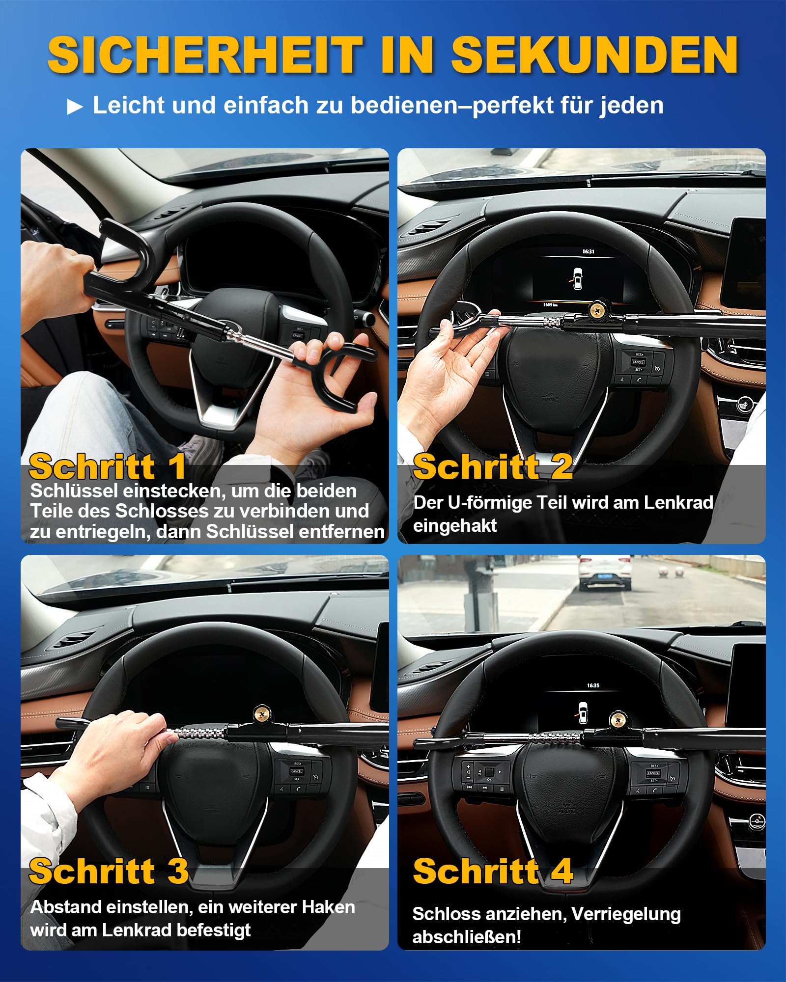 Tevlaphee Lenkradschloss, Auto-Sicherheits-Schloss, Hochwertige Diebstahlsicherung, Hohe Sichtbarkeit, Universelle Passform für Pkw, SUVs & Transporter, Verstellbar, 3 Schlüssel(Schwarz)
