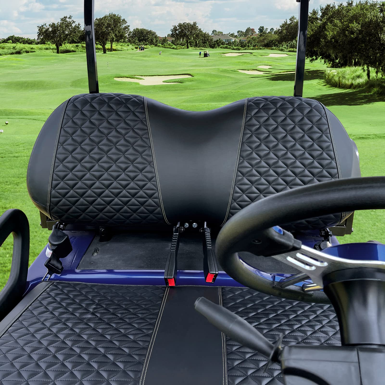 XUANYUDG0769 Golf Cart Front Seat Covers for Club Car Precedent Onward Tempo OEM Ordinary Seat Cushion, Vinyl Leather Made Adjustable Straps and Retractable Buckle/No Stapler Required - Black