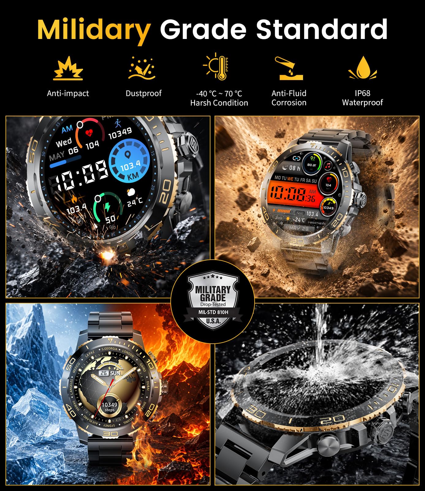 Montre Connectée Homme, 1,43"AMOLED Smartwatch avec Lampe Torche, Appels Bluetooth, 800 mAh, IP68 Étanche, 200+ Modes Sportifs, Suivi de la Fréquence Cardiaque et Sommeil iOS/Android, Noir