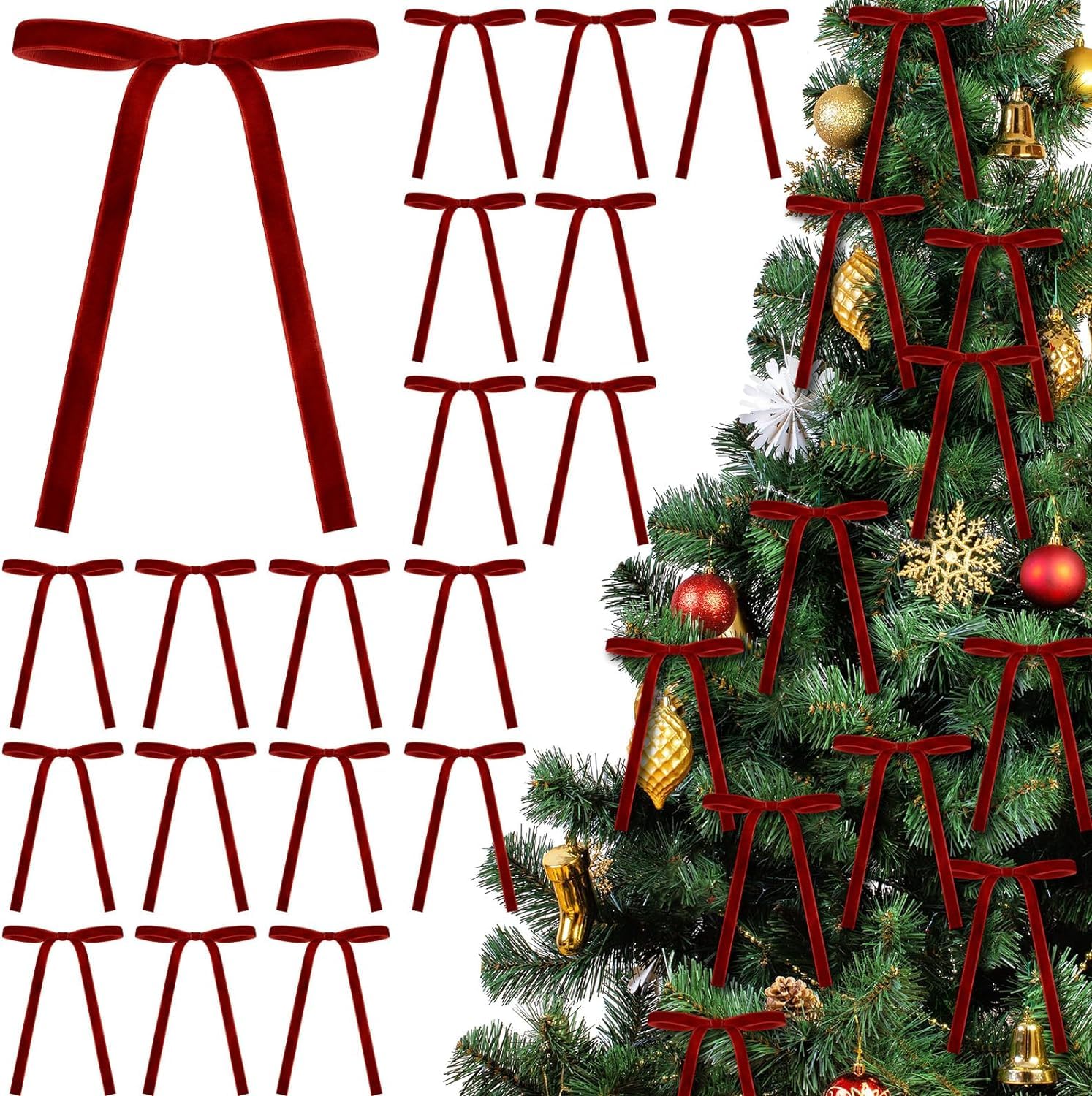 24 Nœuds De Noël En Velours Rouge - Ornements Pour Sapin, Décorations Fêtes, Mariage, DIY - 8
