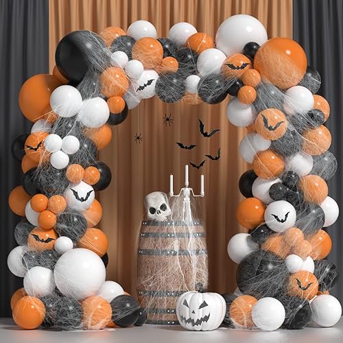 Miniatura 1 de Paquete de 139 guirnaldas de arco de globos de Halloween, color naranja, negro y blanco, con adhesivo de murciélago 3D, telaraña para decoración de