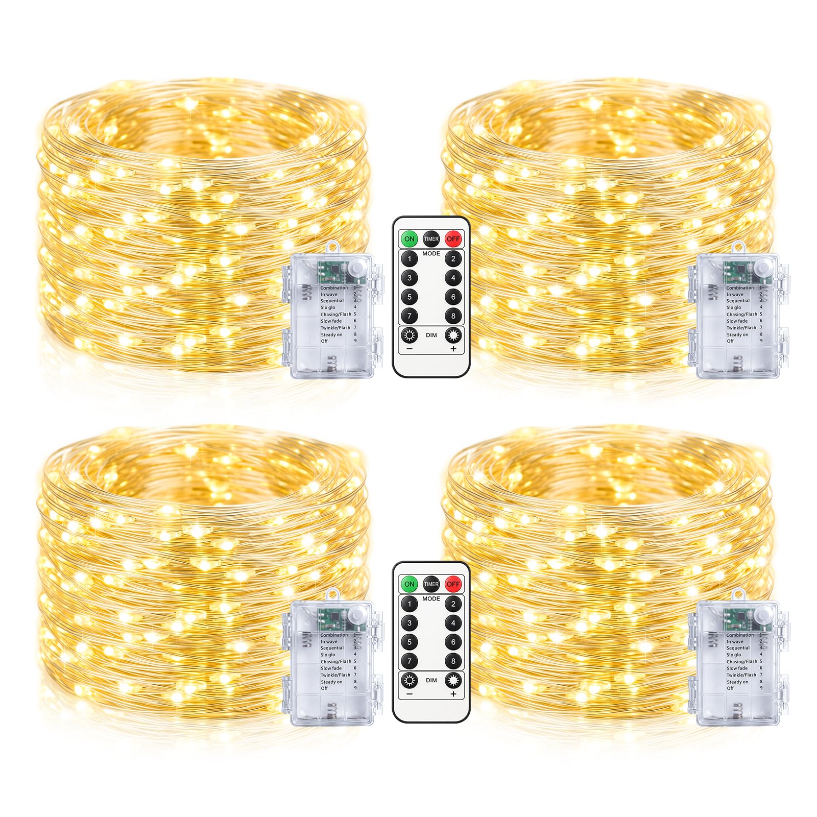 btfarm 4 Stück 10M 100 LED Lichterkette Batterie mit Fernbedienung Timer | Lichterketten Außen Innen Draht, Wasserdicht, Silberdraht, 8 Modi, für Weihnachten Garten Hochzeit Balkon Deko, Warmweiß