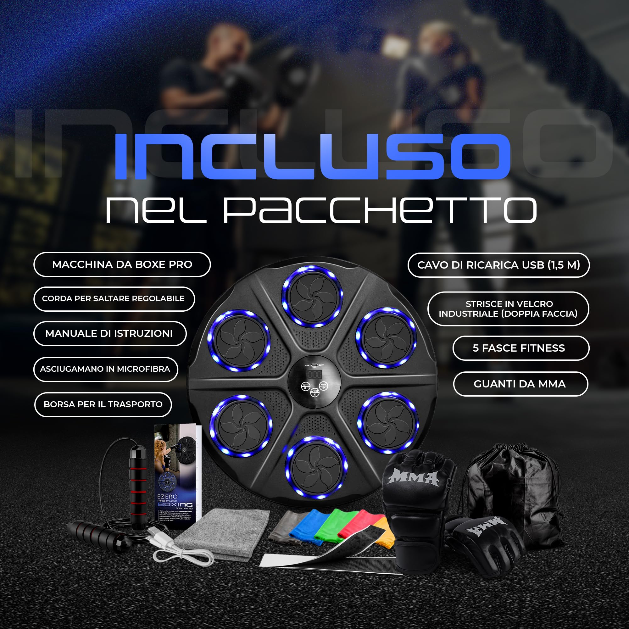 EZERO Beat Punch, la Music Boxing Machine 12 Livelli con Bluetooth & LED – Pannello Interattivo per Allenamento di Boxe a Casa – Migliora Riflessi & Resistenza – Set Completo con Accessori