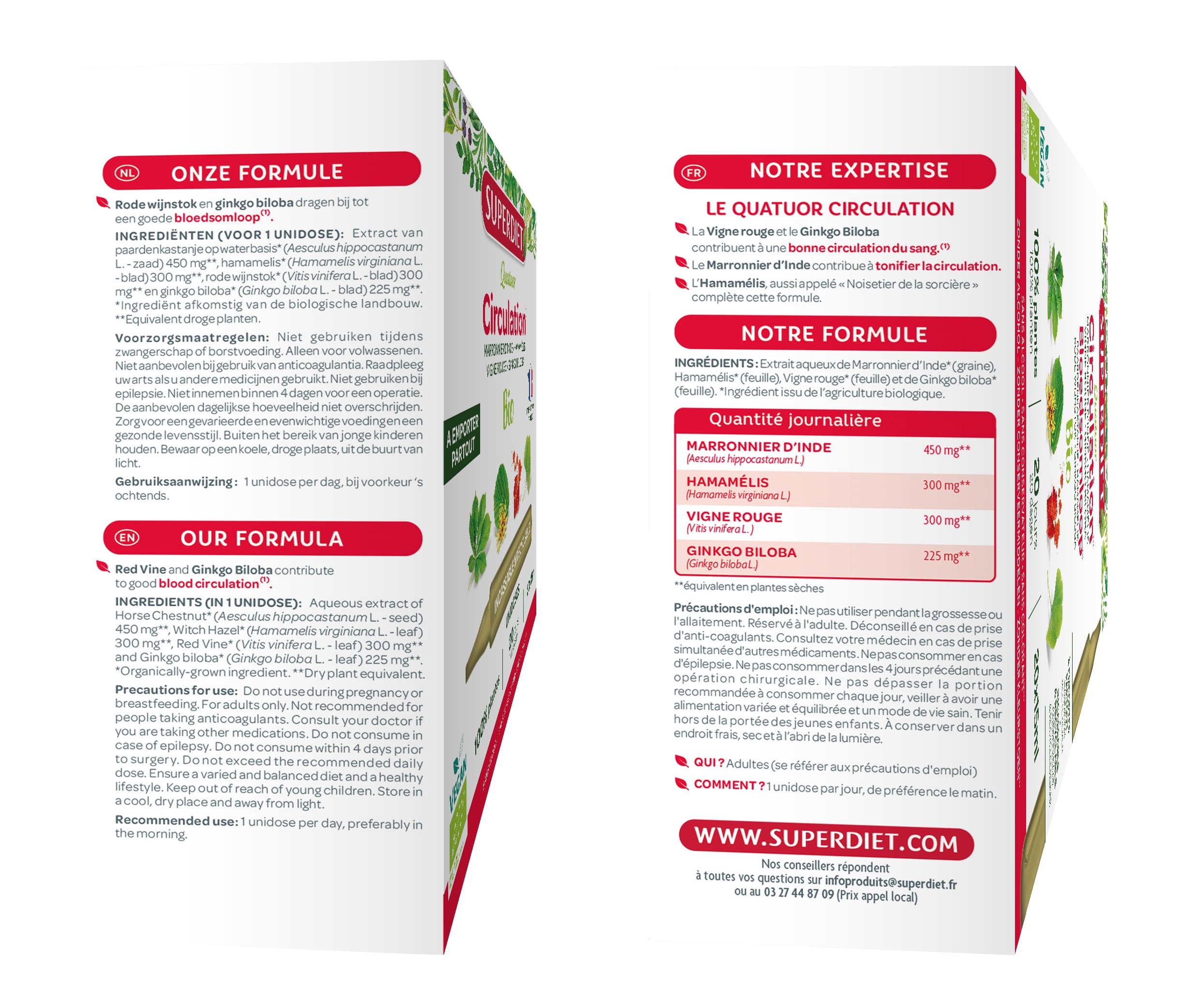 SUPERDIET-QUATUOR CIRCULATION BIO-Jambes légères-Marronnier d’inde,Hamamélis,Vigne rouge,Ginkgo biloba-Format nomade-20 Unidoses de 15 ml