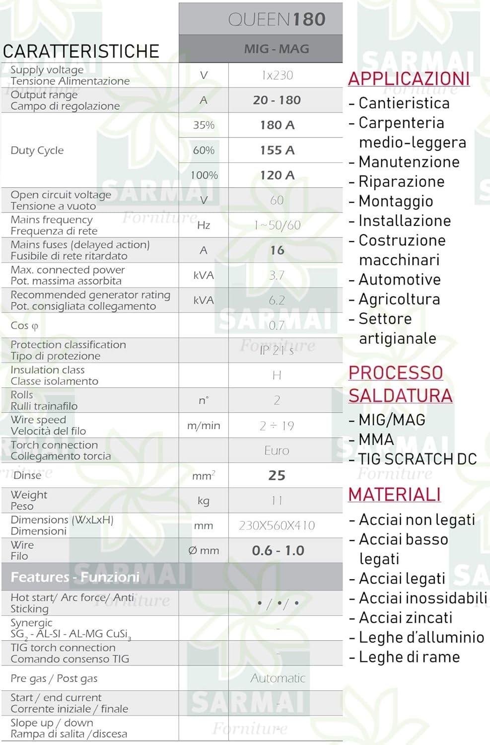 FIMER QUEEN 180 technical specifications table