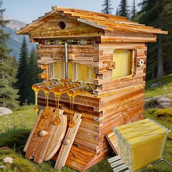 2-in-1 Self-Flowing Honey Beehive Wooden Box Wooden Auto Honey Hive with 4 or 7 Auto Flow Frames, Durable Wax-Coated Fir Wood & Large Observation Window, for Backyard Beekeepers 4frame