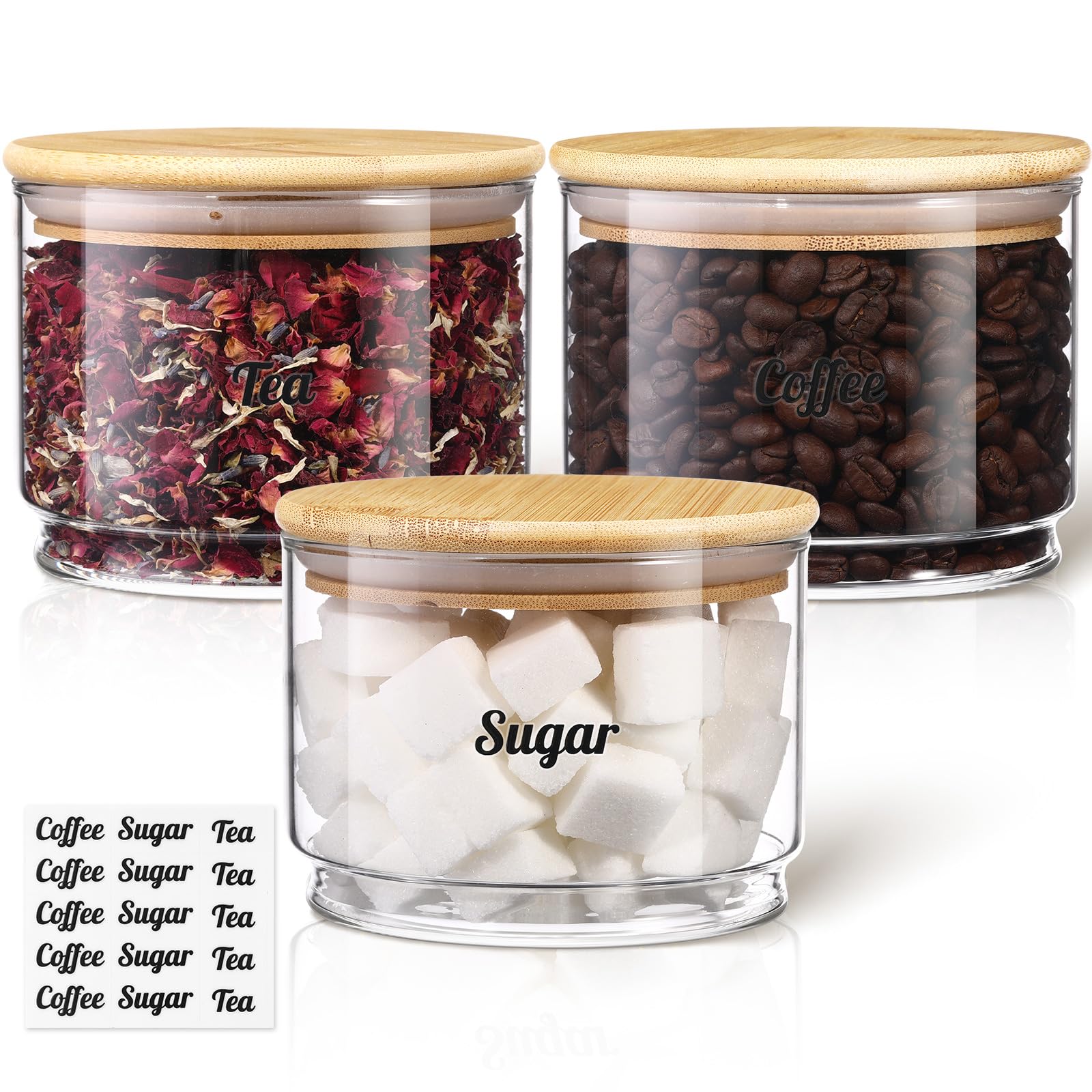 Suclain 3 tarros apilables de vidrio transparente para almacenamiento de alimentos con tapa, recipientes redondos de cocina con tapa de bambú sellado, recipientes herméticos para servir té, café