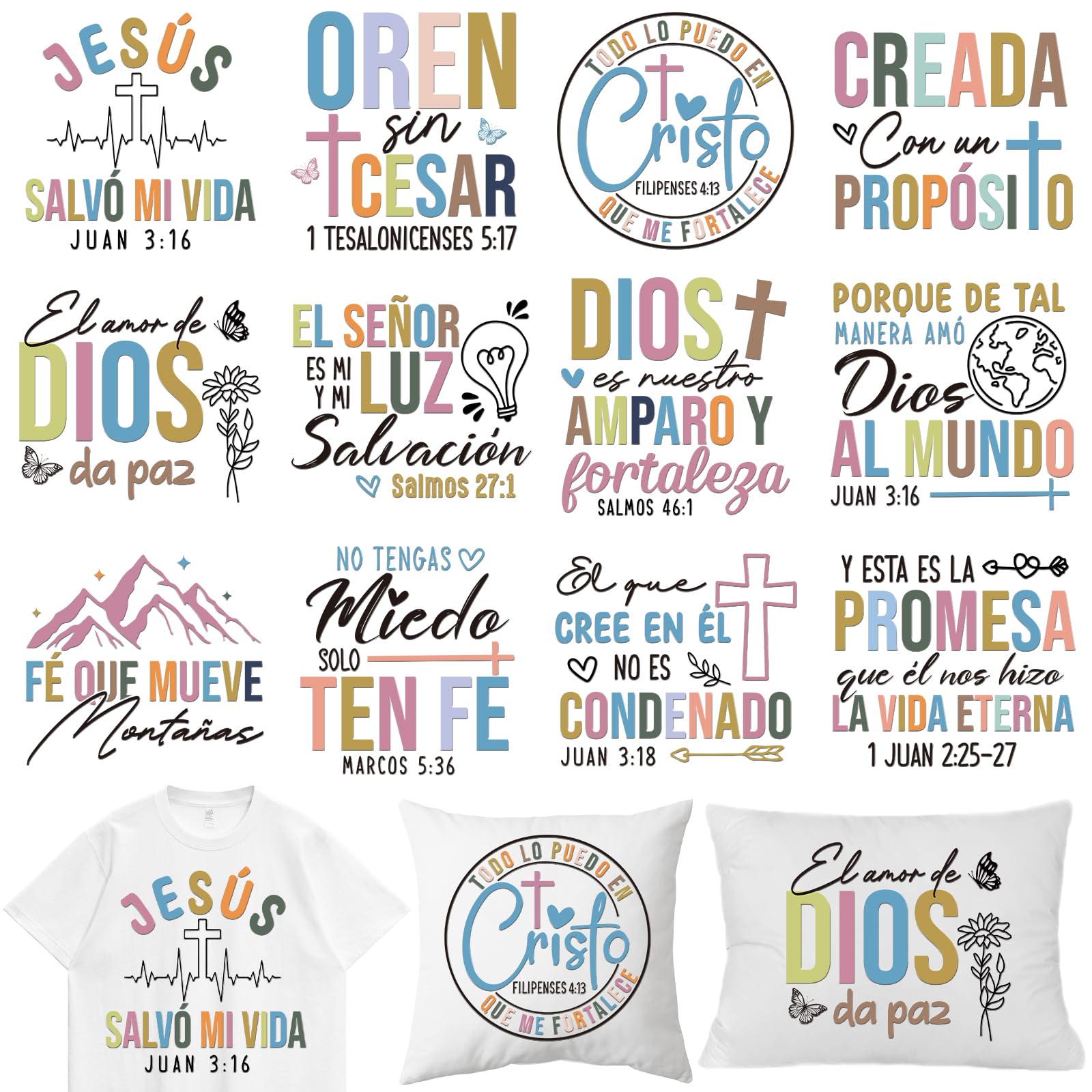 Dazoratix Spanish Christian Heat Transfers - 12 Sheets Bible Verse DTF Iron on Patches Ready to Press Decals Vinyl Stickers Appliques for T Shirts