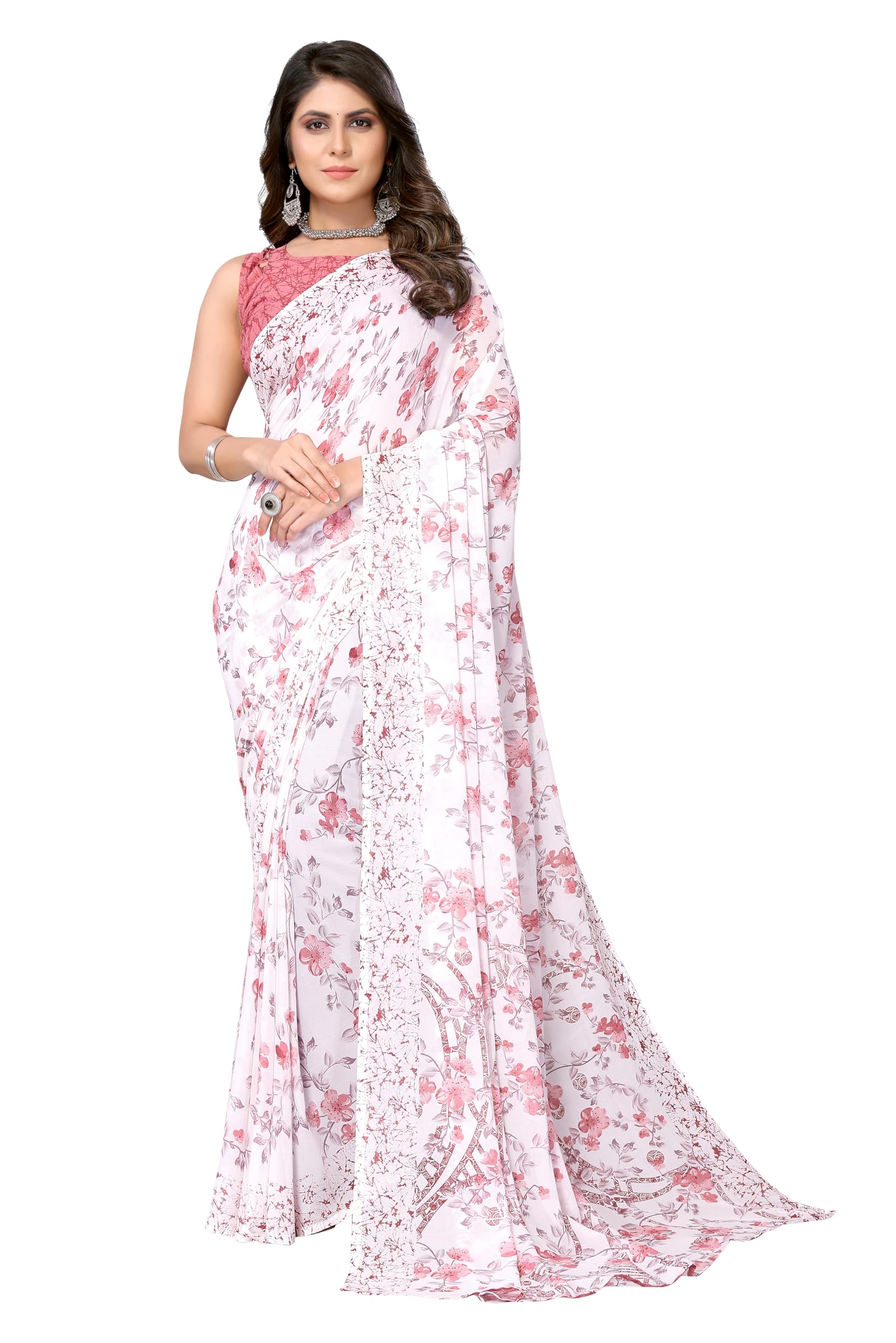 HikyskinYashika Women's Trendy Printed Georgette Red Color Saree with Blouse Material