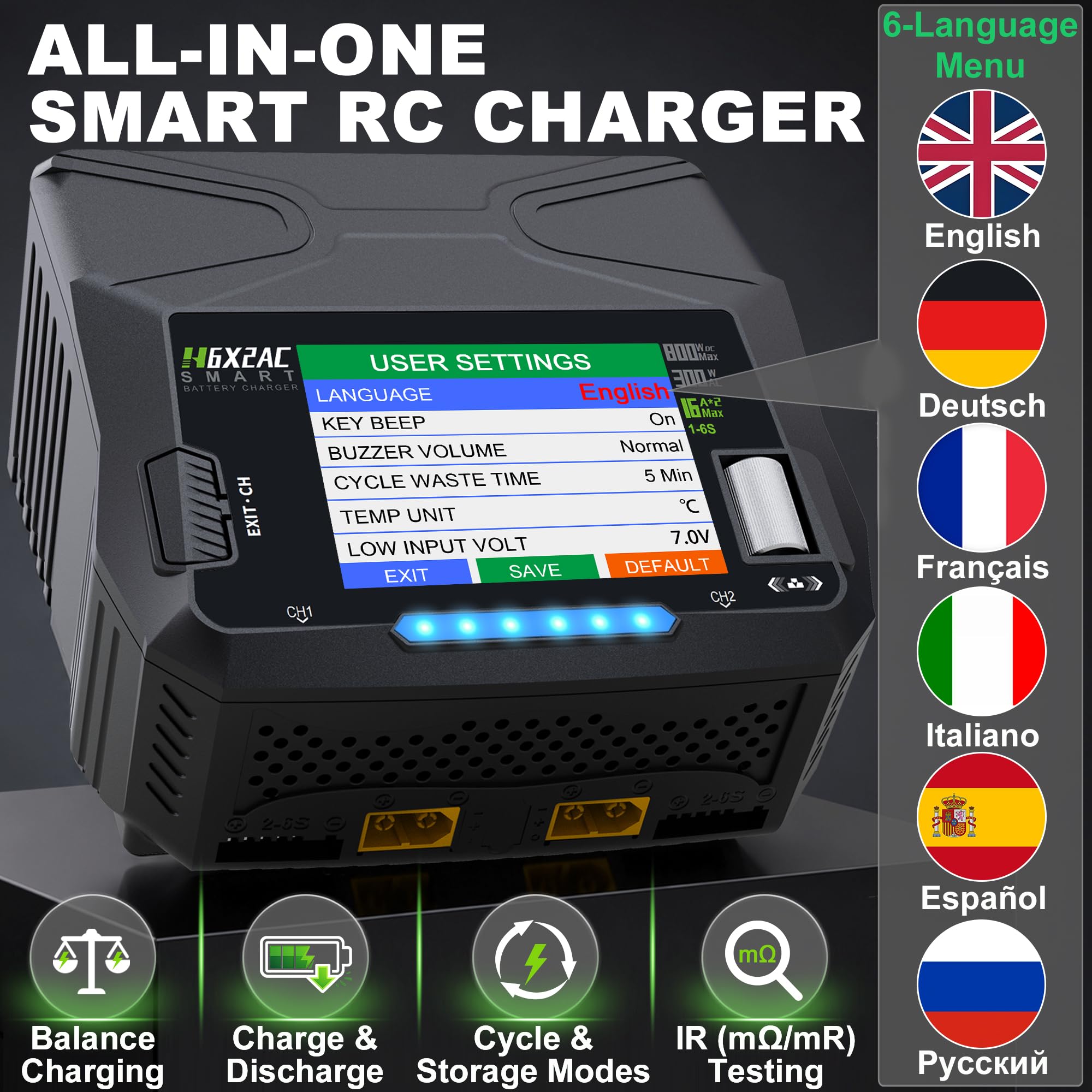 HTRC H6X2AC Duo - Caricatore LiPo con bilanciatore, 2 × 16 A, 300 W AC/2 × | Caricatore RC per LiPo/LiHV/Li-Ion/LiFe/LTO 1-6S, NiMH/NiCd 1-15S & Pb 2-20 V; scarica, modalità di stoccaggio