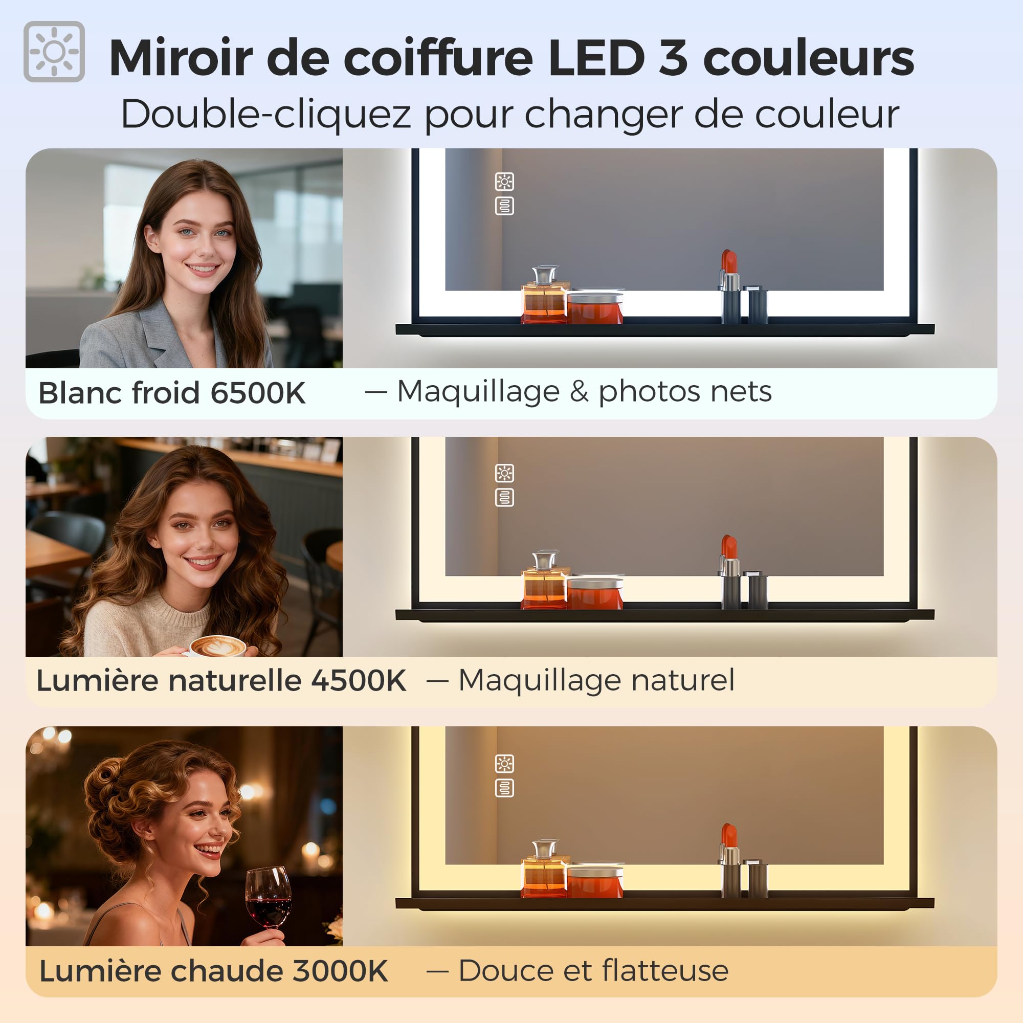 STARLEAD 120x90cm Miroir-Salle-de-Bain-avec-Eclairage-et-Tablette, Cadre en Aluminium Noir, Anti-Buée Miroir-LED-Salle-de-Bain, 3 Couleurs Réglables, Verre Trempé, IP44, Horizontal/Vertical