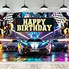 Riyidecor Racing Car Happy Birthday Backdrop Black White Plaid Flag Cool Neon Bday Cartoon 7Wx5H Feet Polyester Fabric for Men Boys Photography Background Bday Table Decor Banner Studio Photo Shoot