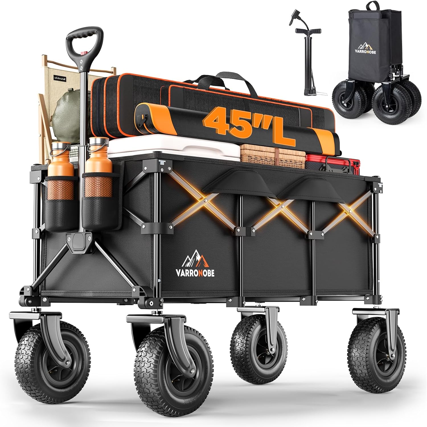 Beach Wagon with 10x3.5 Big Rubber Wheels for Sand, 400lbs Heavy Duty 220L Collapsible Utility Wagon, Easy Transport & Storage, Ideal for Sport, Camping, All-Terrain Outdoor Activities, Black X-Large