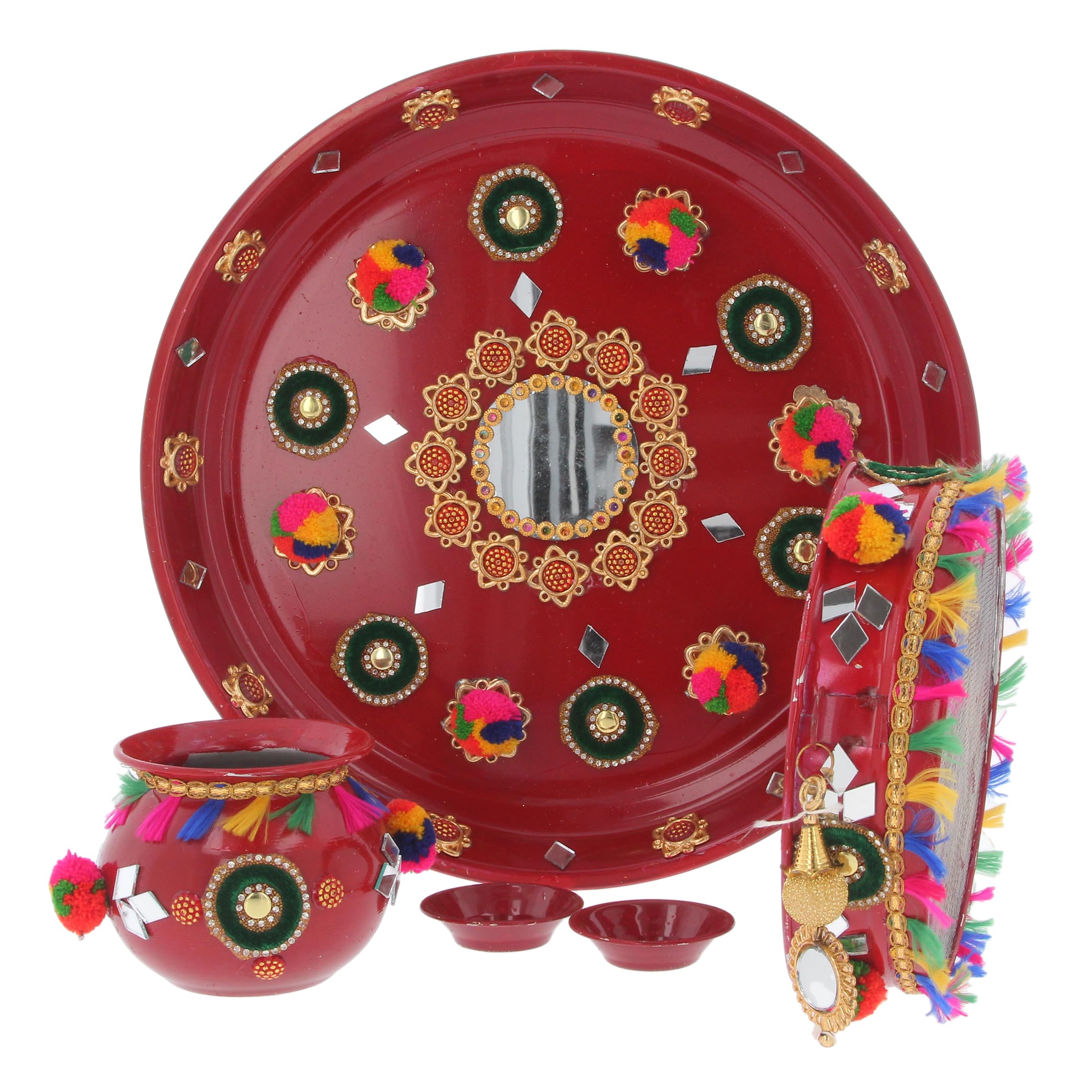 Karwa Chauth Set Karva Chauth Thali Indian Pooja Puja Kalash Lota Chalni Channi Diya Karwachauth Diwali Traditional Combo Multicolour Decorative Husband Wife Festival Gift (Full Set - Design 6)