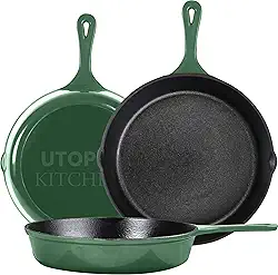 Utopia Kitchen Frigideiras de ferro fundido, conjunto de 3 peças, frigideiras de ferro fundido pré-temperadas, 15, 20 e 25 cm, fácil de usar no forno, fogão, grelha ou fogueira, verde