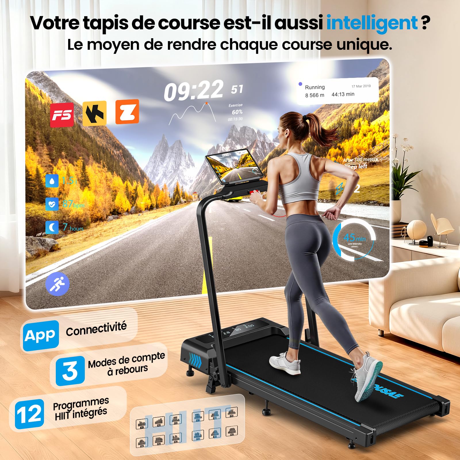 Tapis de Course, FOUSAE 12 Programmes HIIT Prédéfinis, 10% Tapis de Marche Inclinable, 12 KM/H, Moteur Haute Performance 2,75CV Silencieux, APP & Télécommande, Charge 158kg Fitness Intérieur