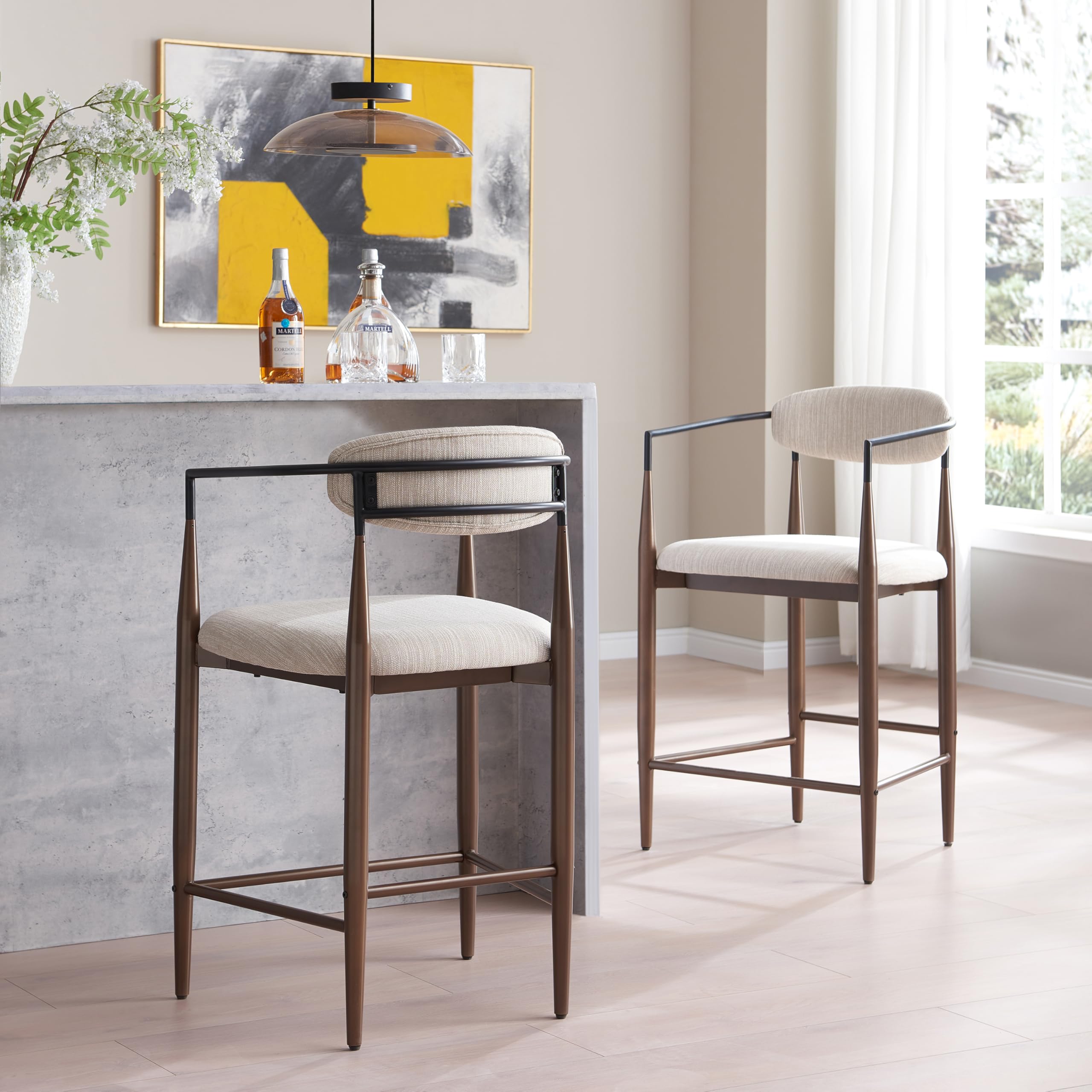 Ebany 25" Barstools Set of 2, Metal Frame Counter Stool, Upholstered Bar Chair, Curved Back Barstool, Open Design Counter Stool for Kitchen Dining Island Table, Beige+Black