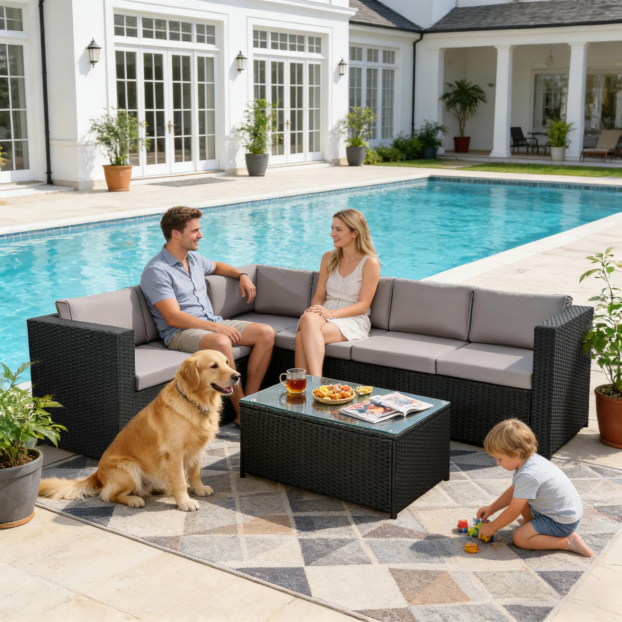 3 Pcs Aluminium Frame Rattan Garden Furniture Set, 6 Seater Corner Garden Sofa with Cushions and Glass Coffee Table, Outdoor Patio Furniture Set for Balcony, Conservatory, Terrace — view 8