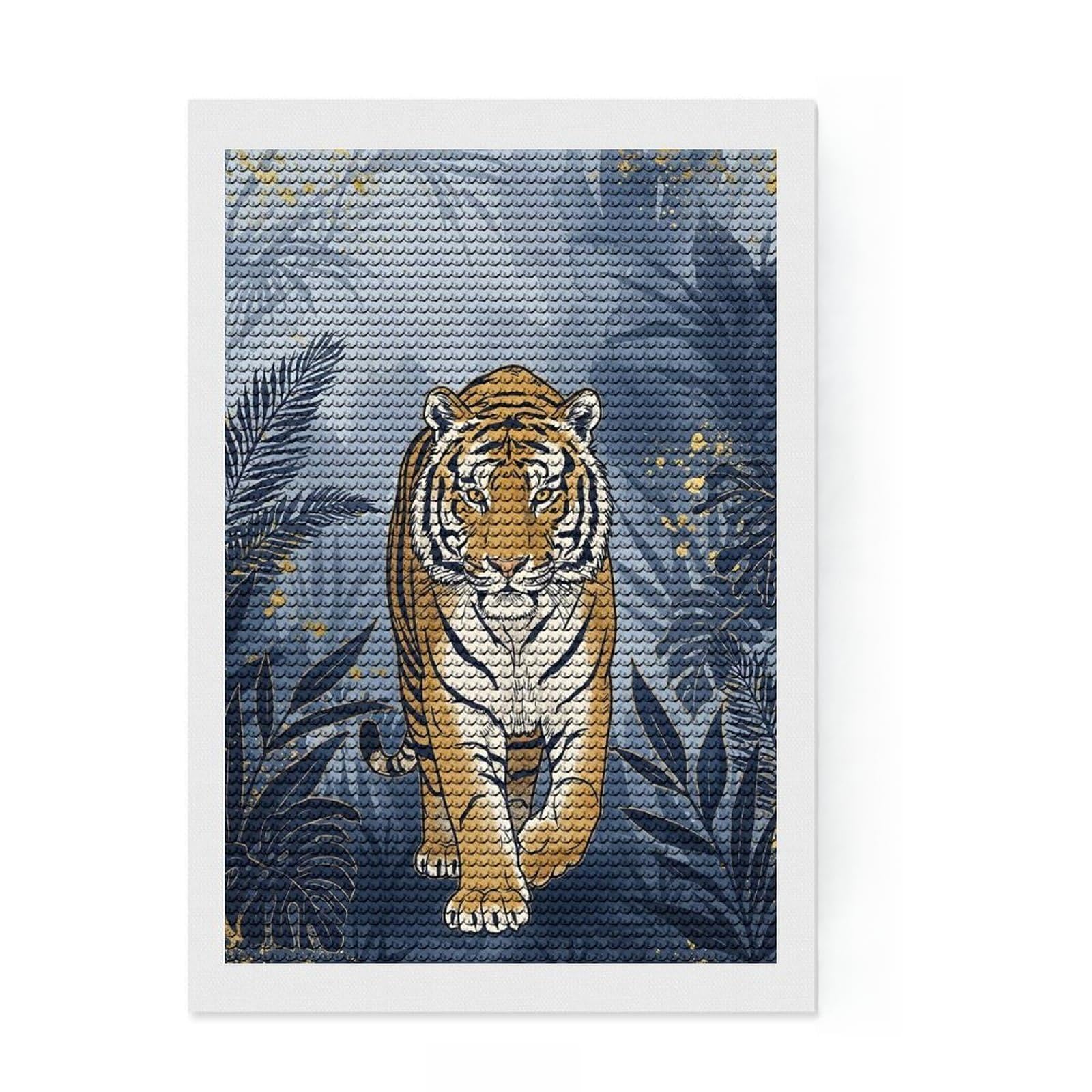 Junmoney Tiger in Blue Jungle Illustration DIY Diamond Art Canvas Kit 8"x12", Mindful Craft Activity, Calming Craft to Unwind, Vintage Style Decor