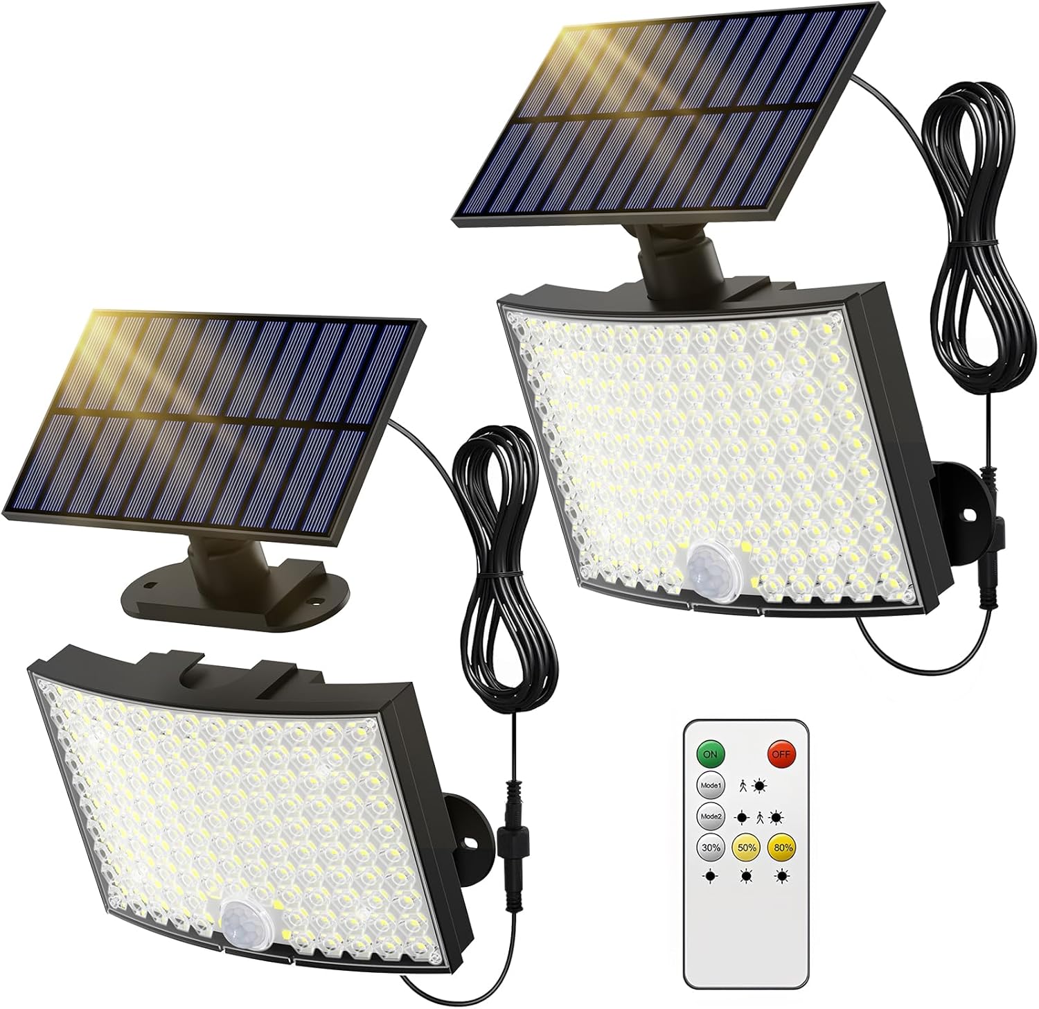 ABODONG Outdoor Solar Lights, Bright 128 LEDs Flood Light with Optical Lens, Solar Powered Security Lights with 23 ft Cable, Remote Control 5 Modes Motion Sensor Light Outdoor for Garage Yard, 2 Pack