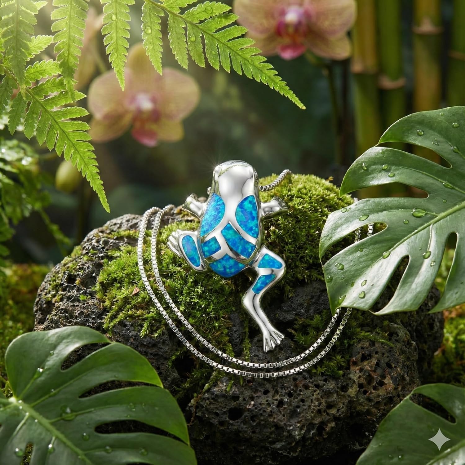925 Sterling Silver hawaiian Frog Pendant Necklace - Genuine Koa wood or Blue Opal Inlay - Moissanite Pave Accents - Hypoallergenic Island Jewelry with 18" Box Chain