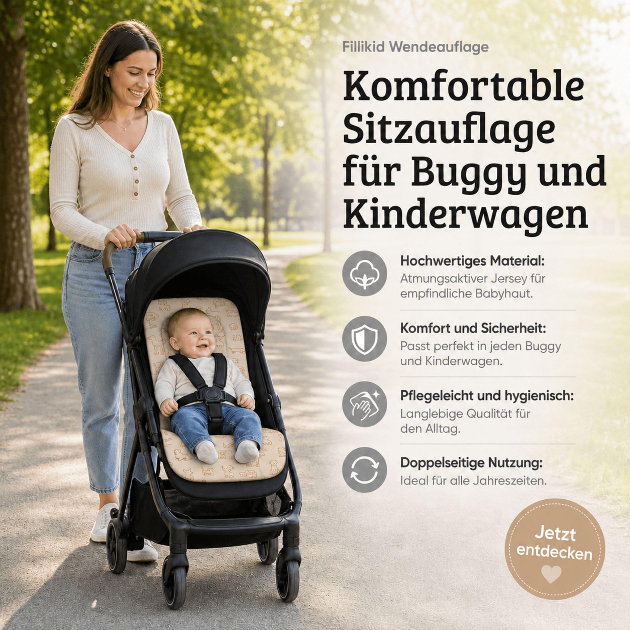 Fillikid Wendeauflage | Sitzauflage Baumwolle Jersey für Buggy und Kinderwagen mit Gurtschlitze | Einlage zum Abnehmen Zubehör Sommer & Übergangszeit | komfortable Sitzunterlage Babywagen