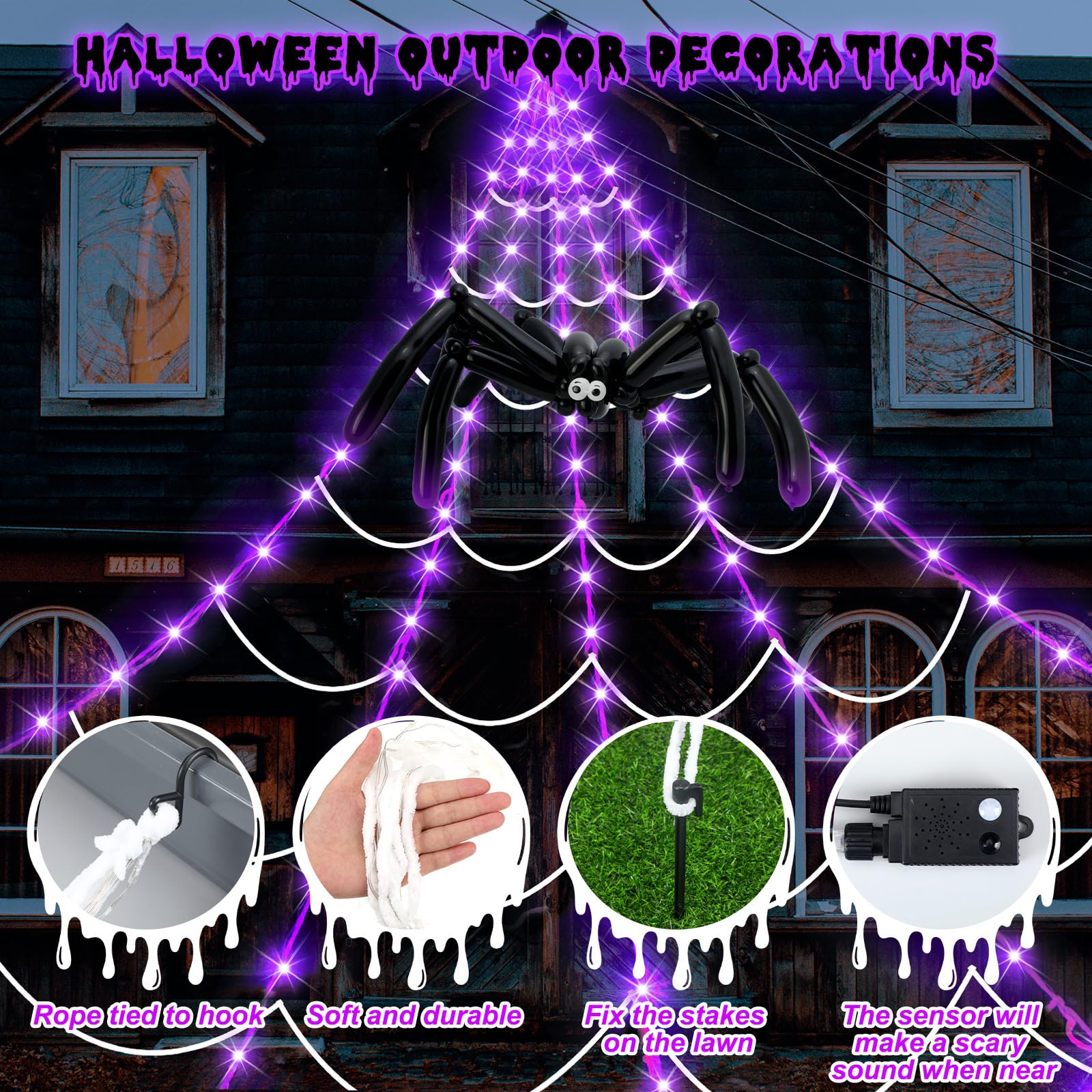 Retisee Luces Gigantes de telaraña con Sensor de Movimiento de 17 pies, 120 Luces moradas para decoración de Ventanas de Halloween, Exteriores, Interiores, hogar, Fiesta, Patio Encantado