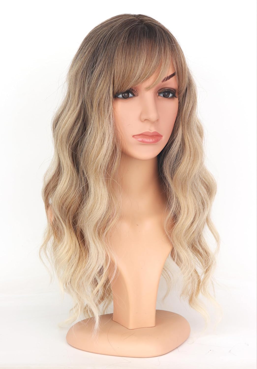 Ombre Dirty Blonde Wavy Wigs With Bangs For Women Medium Long Ash Blonde Synthetic Wigs For Daily Use （Dirty Blonde）