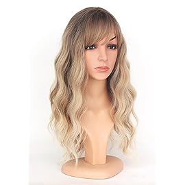 SYMEIW Ombre Dirty Blonde Wavy Wigs With Bangs For Women Medium Long Ash Blonde Synthetic Wigs For Daily Use Dirty Blonde