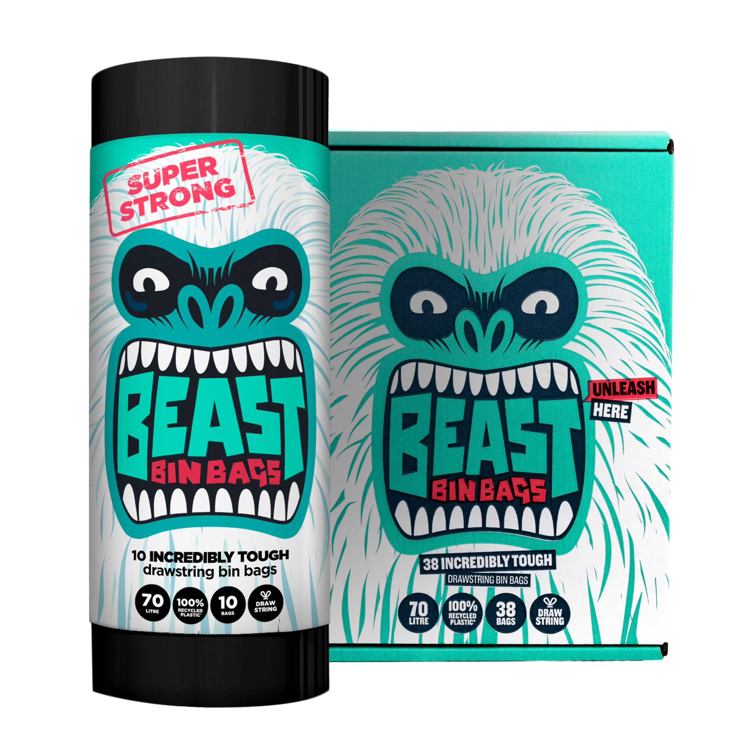 Beast Bin Bags 70L (200 Total Bags) 70L Drawstring Bin Bags (38 Total Bags) - Monstrously Strong, Made From 100% Recycled Plastic, Heavy Duty Black Refuse Sacks For Kitchen & Household Waste