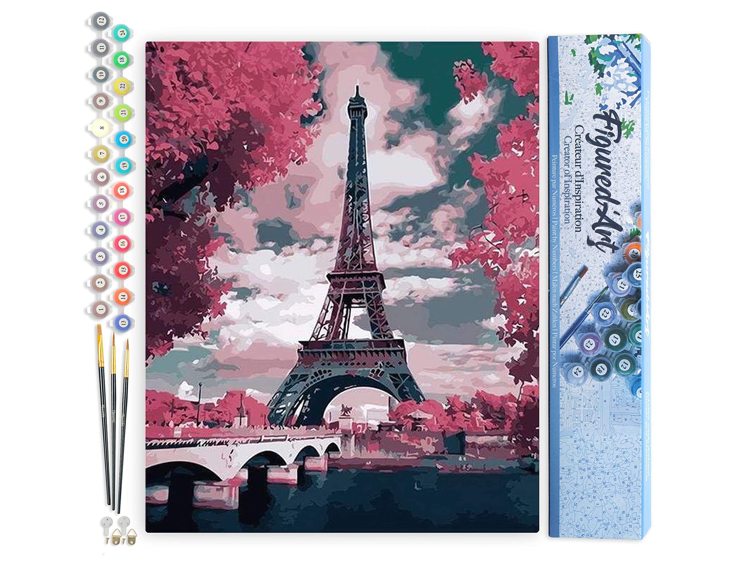 Figured'Art Paint by Numbers for Adults Eiffel Tower in Spring Pink Colours 40x50cm - Craft Art Painting DIY Kit Rolled Canvas Without Frame โ image 1