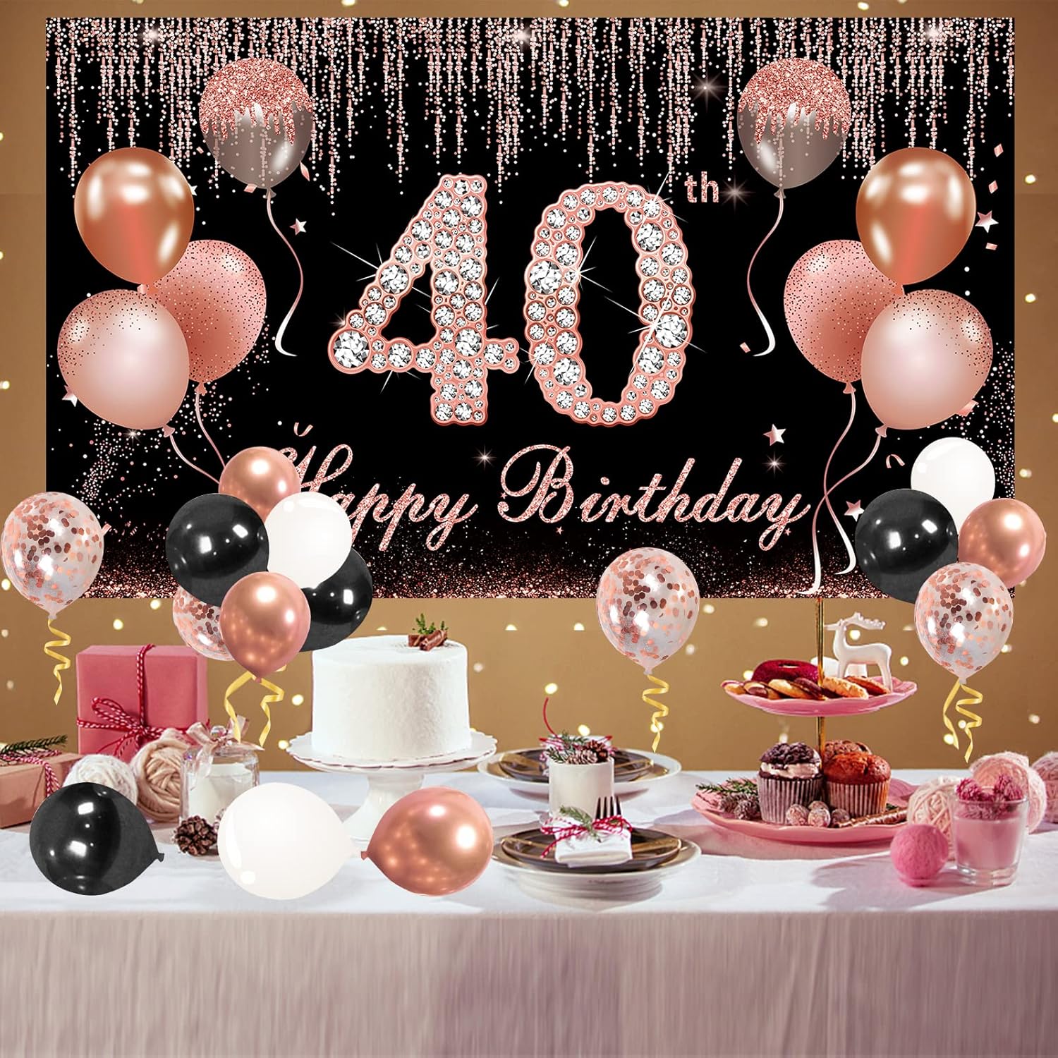40th Birthday Decorations for Women, Rose Gold and Black Happy 40 Birthday Backdrop Confetti Balloon Arch Garland Kit Party Supplies Decor - Image 3