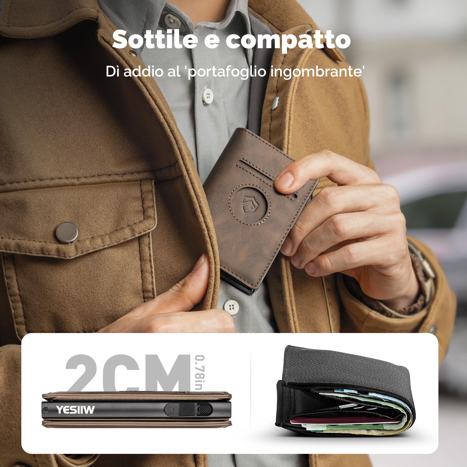 YESIIW Portafoglio Uomo Airtag con Super Compatto, Pop up Porta Carte Airtag per 10+ Cartes, 10+ Banconote & Finestra ID, Portacarte Airtag con RFID & Chiusura Magnetica (Marrone, Senza Portamonete)