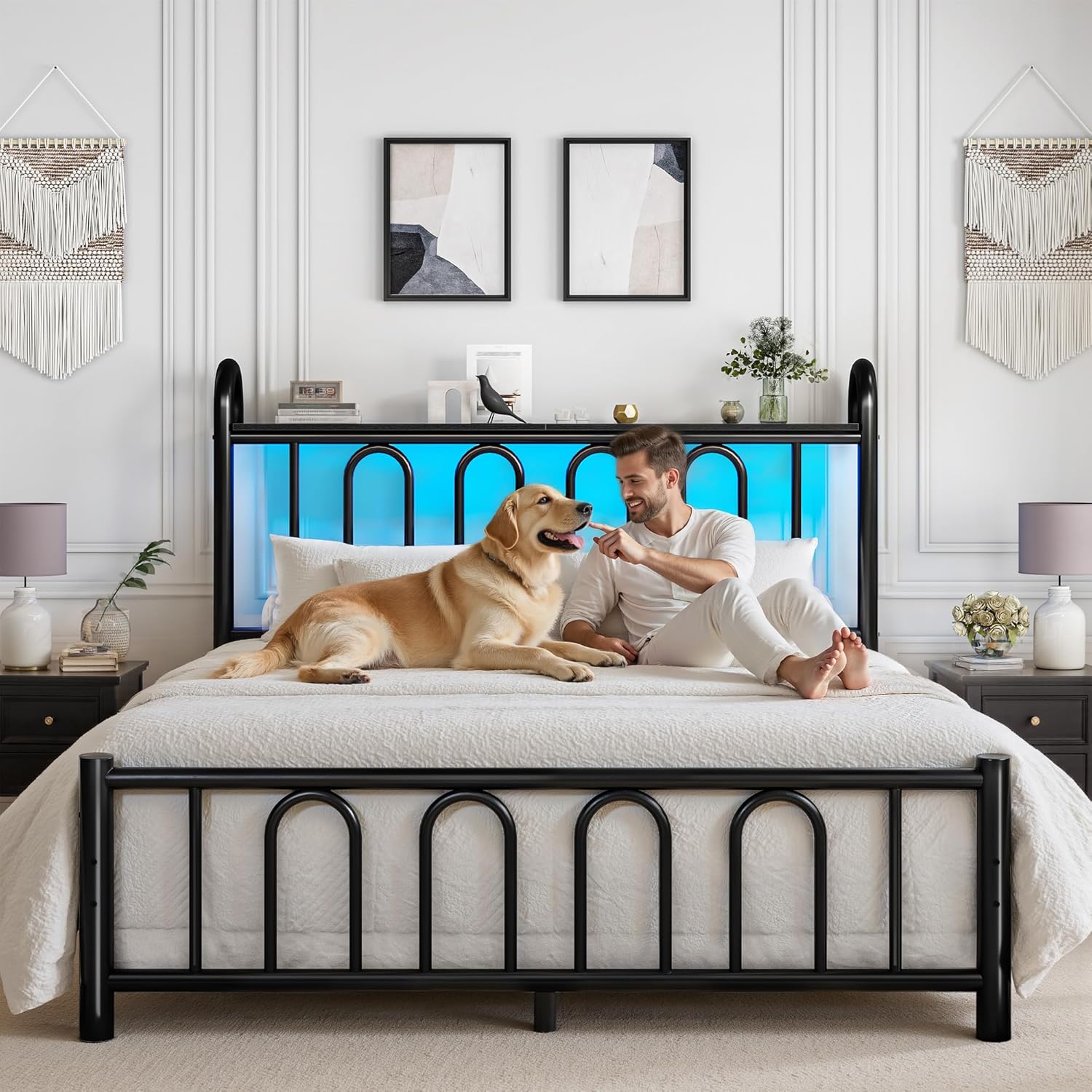 Homkdom Queen Size Bed Frame with Storage Headboard, Victorian Metal Bed Frame with LED Lights&Under Bed Storage, Heavy Duty Support, No Box Spring Needed, Easy Assembly, Black