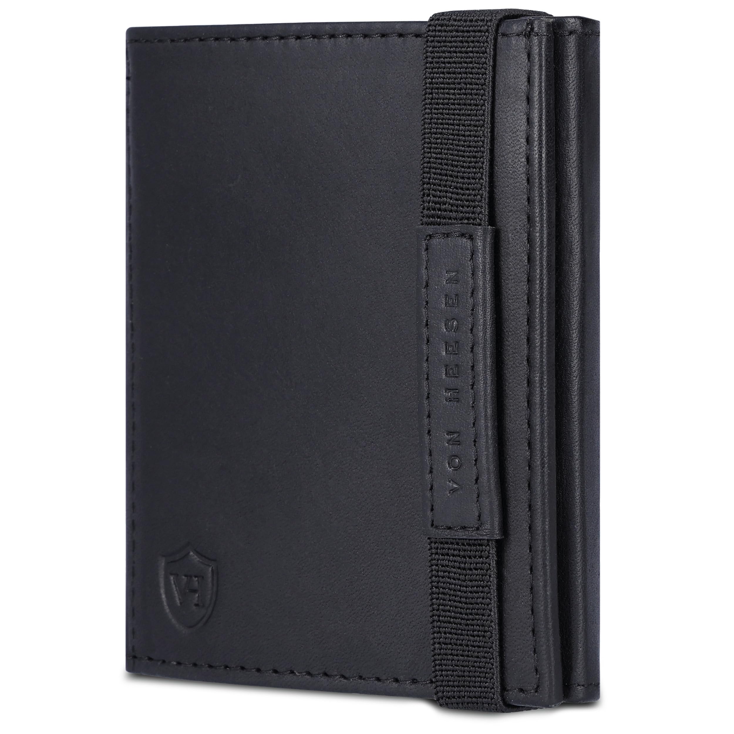 VON HEESEN Slim Wallet mit RFID Schutz - Geldbörse Herren klein - Mini Geldbeutel Damen Portmonee - Kartenetui Echtleder Karten Portemonnaie - Leder Kreditkartenetui (Schwarz Waxy)