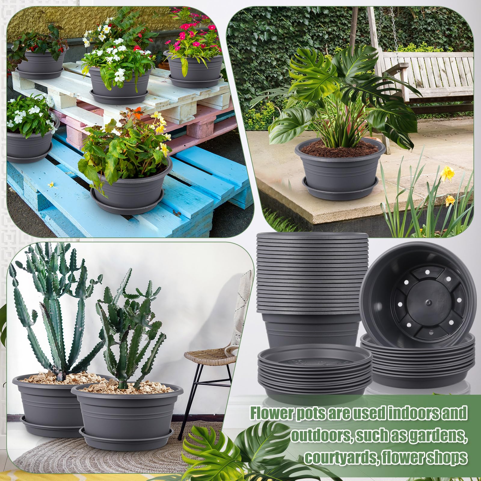 Paquete de 20 macetas de plástico de 10 pulgadas con agujeros de drenaje y bandeja, macetas de vivero, macetas de jardín de color gris oscuro, macetas de interior para plantas, hogar,