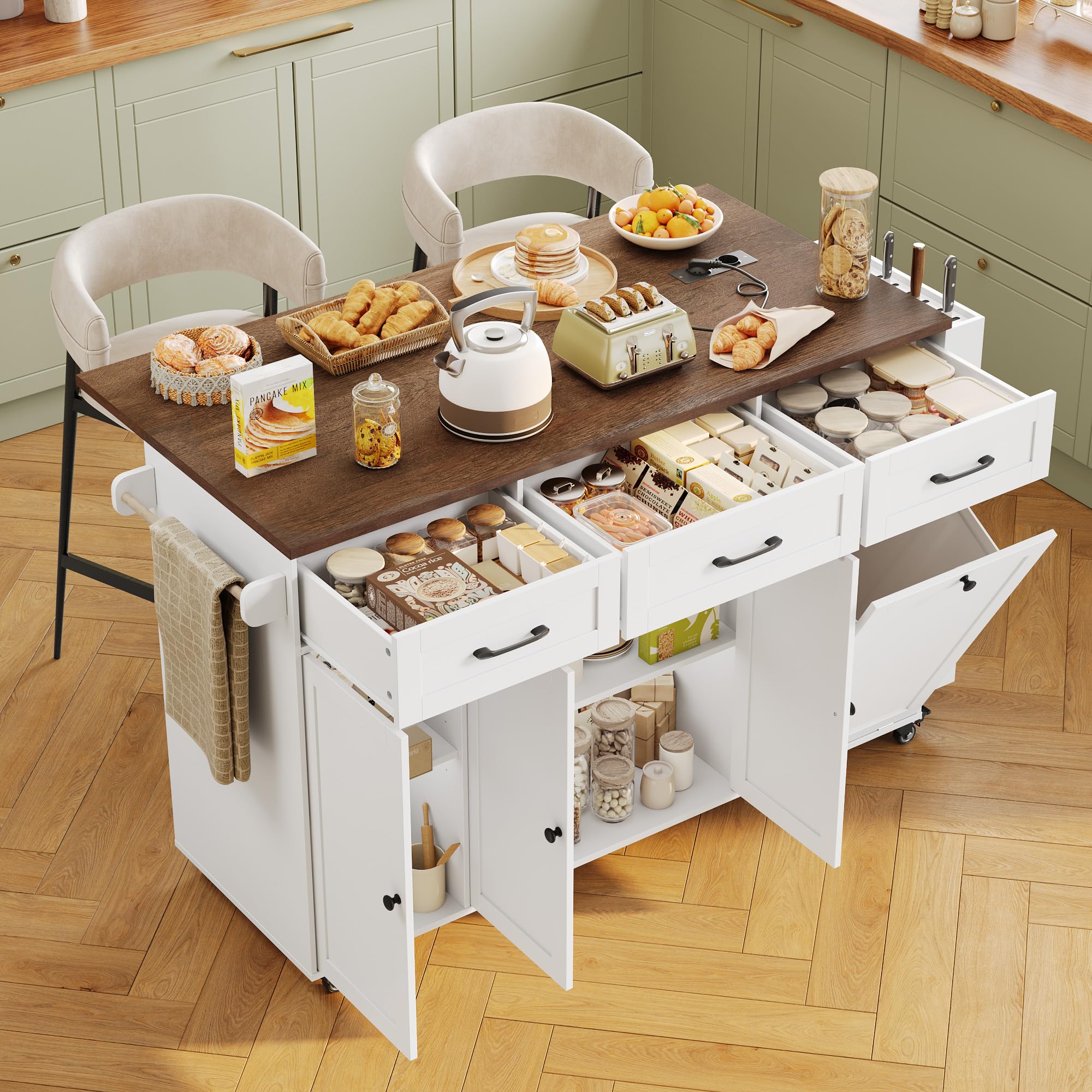 FirFurd Isola Cucina con Presa Integrata e Ruote, Carrello Cucina con Piano di Lavoro Pieghevole e Portacoltelli, Penisola Cucina con Spazio per Bidone, 135x60x88cm, Senza Bidone, Bianco