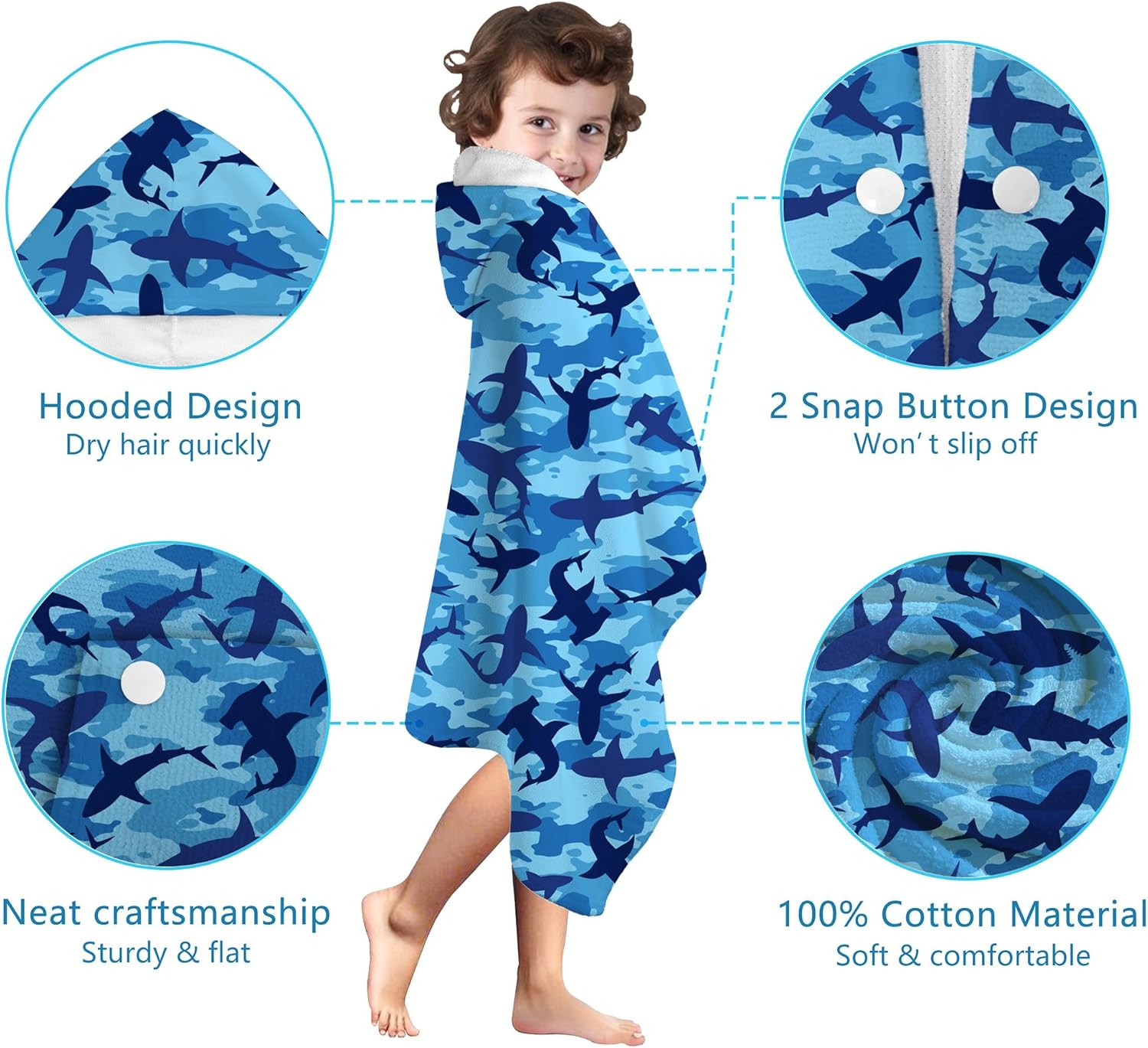 Shark Hooded Towels for Kids 30" x 50" Soft Absorbent Toddler Beach Towel for Swim Pool Wearable Bath Poncho Wrap for Boys Toddlers Children 3-12 Years