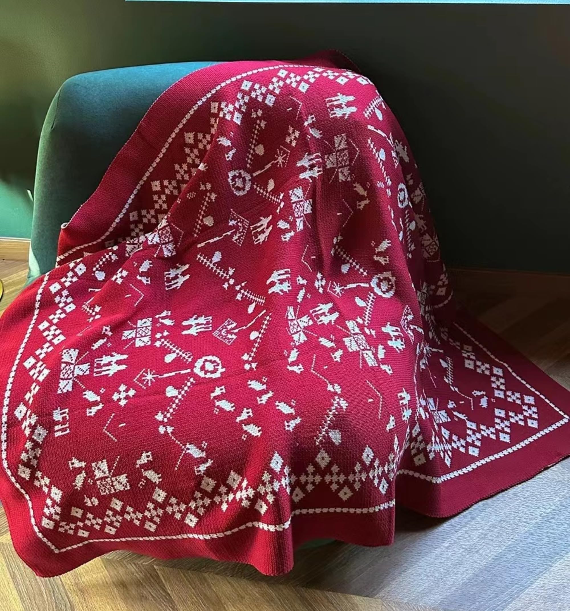Manta navideña roja, manta de punto navideña, manta de sofá de poliéster, manta de Navidad, regalo estético para mujeres, decoración navideña (multielemento-rojo, 170 x 130 cm)