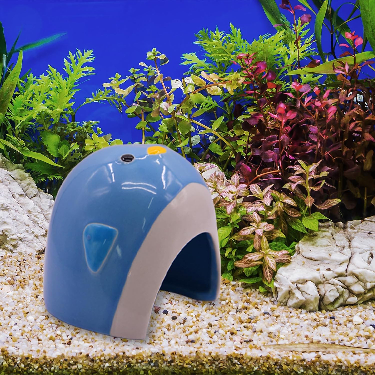 AnRui Ceramic Aquarium Decorations Cute Penguin Fish Tank Hideout Cave Aquarium Accessories Decor Ornaments for Cichlid, Small Fish, Shrimp to Play Hide Breed Habitat, Blue