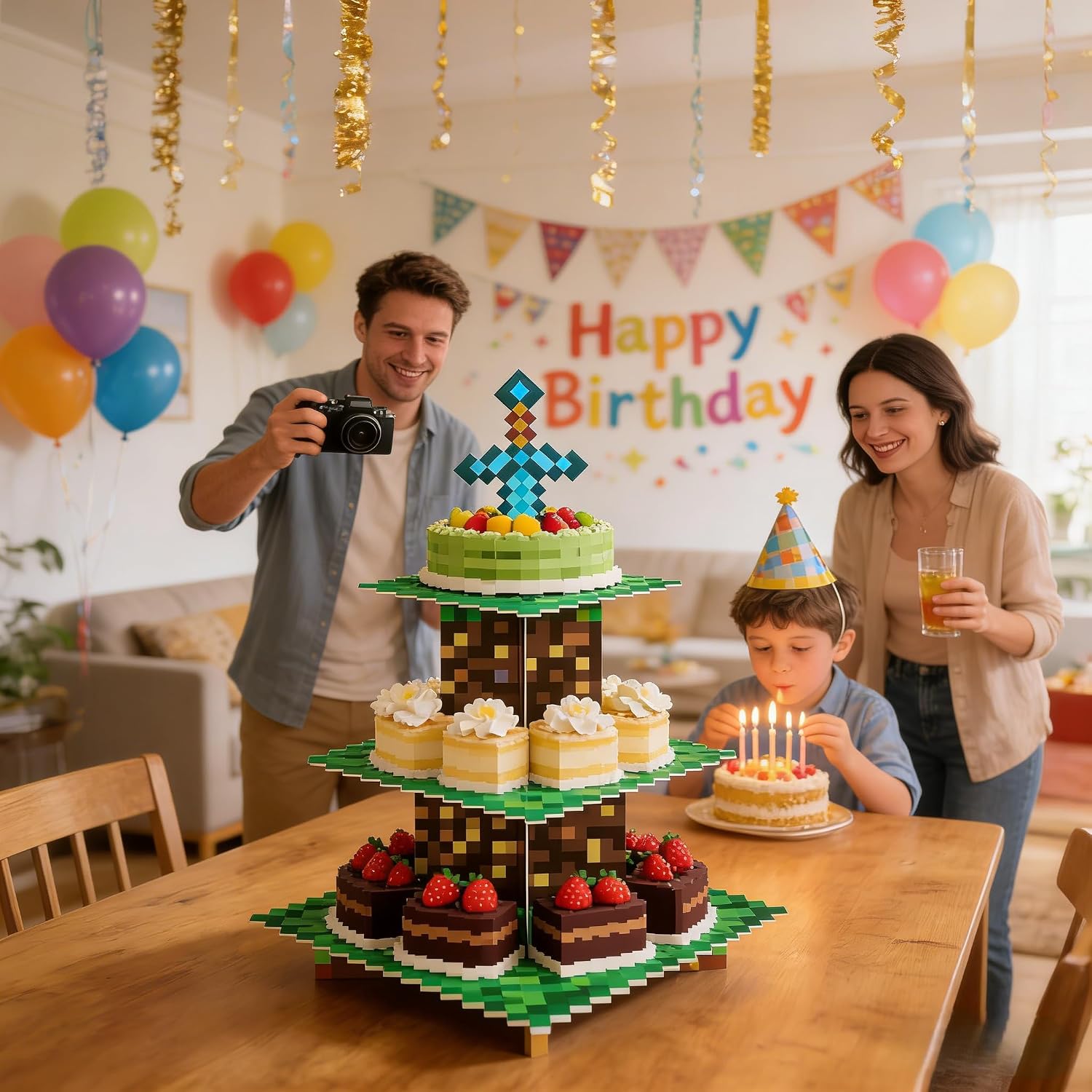 3-Tier Pixel Art Cupcake Stand - Easy Assemble Cardboard Dessert Tower with Retro Gaming & Anime Topper for Birthday, Baby Shower, Themed Party
