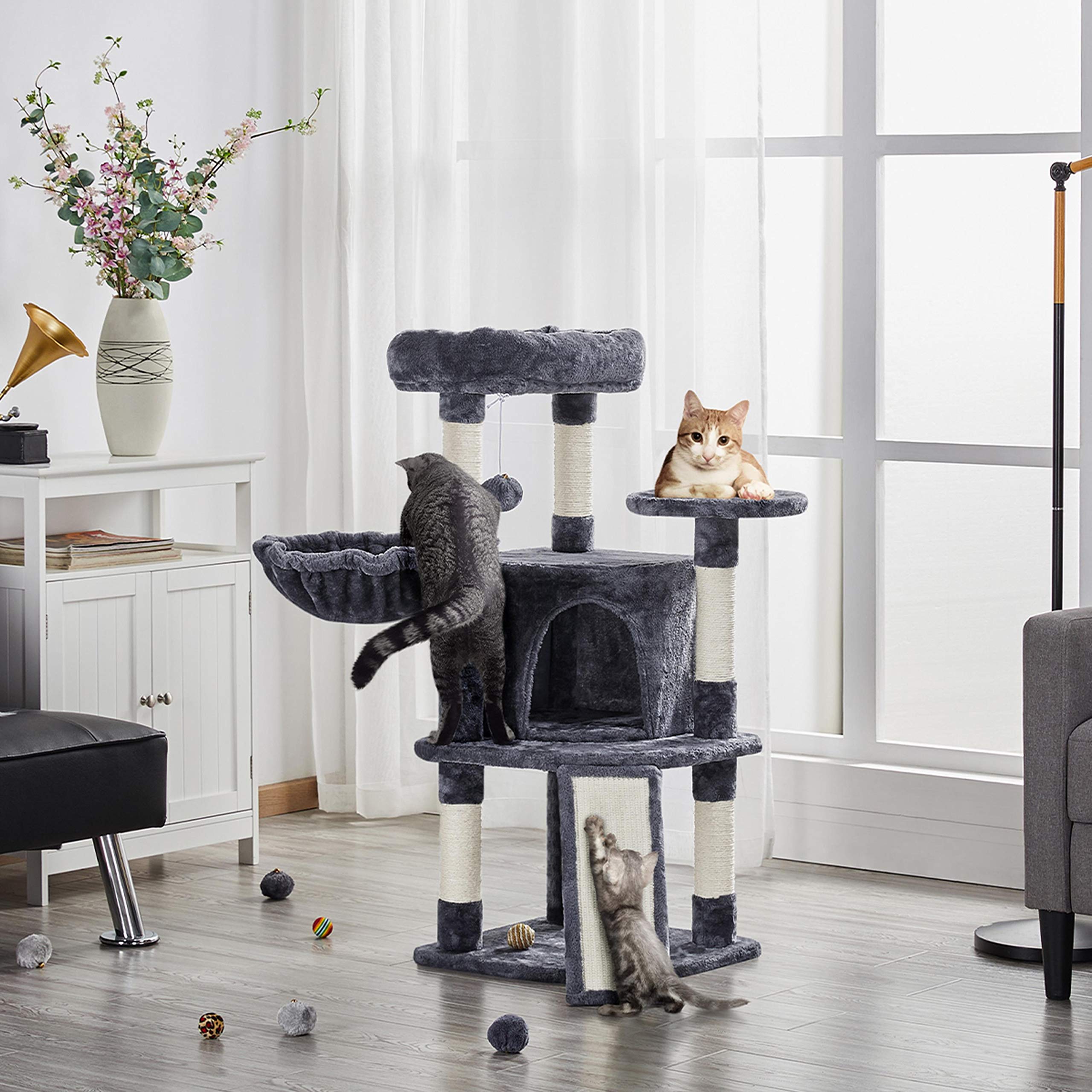 Yaheetech Árbol Rascador para Gatos Grandes 106 cm Altura con Espaciosas Cueva para Gato de Casa Torre para Mascato Grande Gris Oscuro | Rampa de sisal, Correa antivuelco, postes cuerda de sisal, Bola colgante sustituible, Condominio grande, cesta acogedo