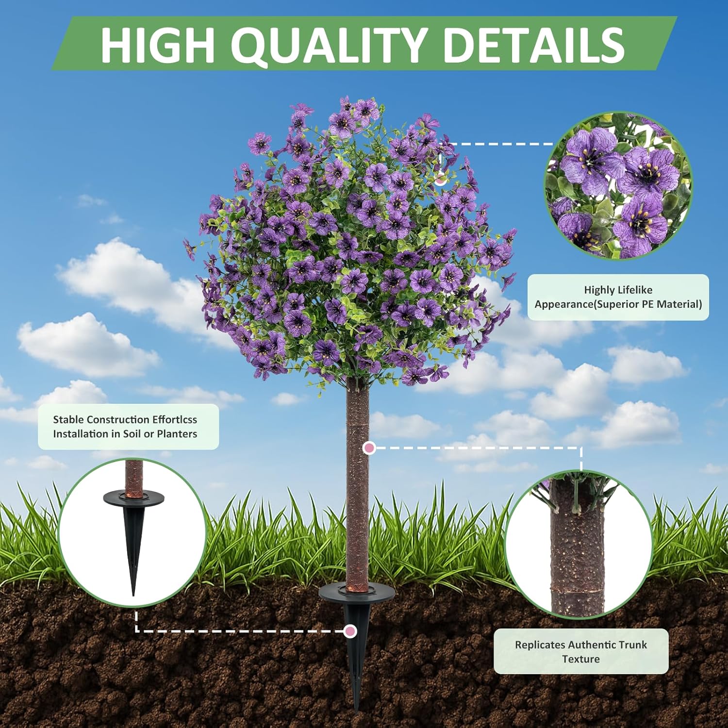 36" Artificial Boxwood Topiary Ball Tree with Ground Spike for Outdoor, 2Pack UV Resistant Faux Greenery Shrubs with Violet Flowers Plants for Garden Yard Front Porch Patio Decor, Purple