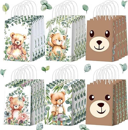 Yeaqee 24 bolsas de regalo de papel de oso lindo oso con asas, hojas verdes, bolsas de dulces para baby shower, suministros de decoración de fiesta