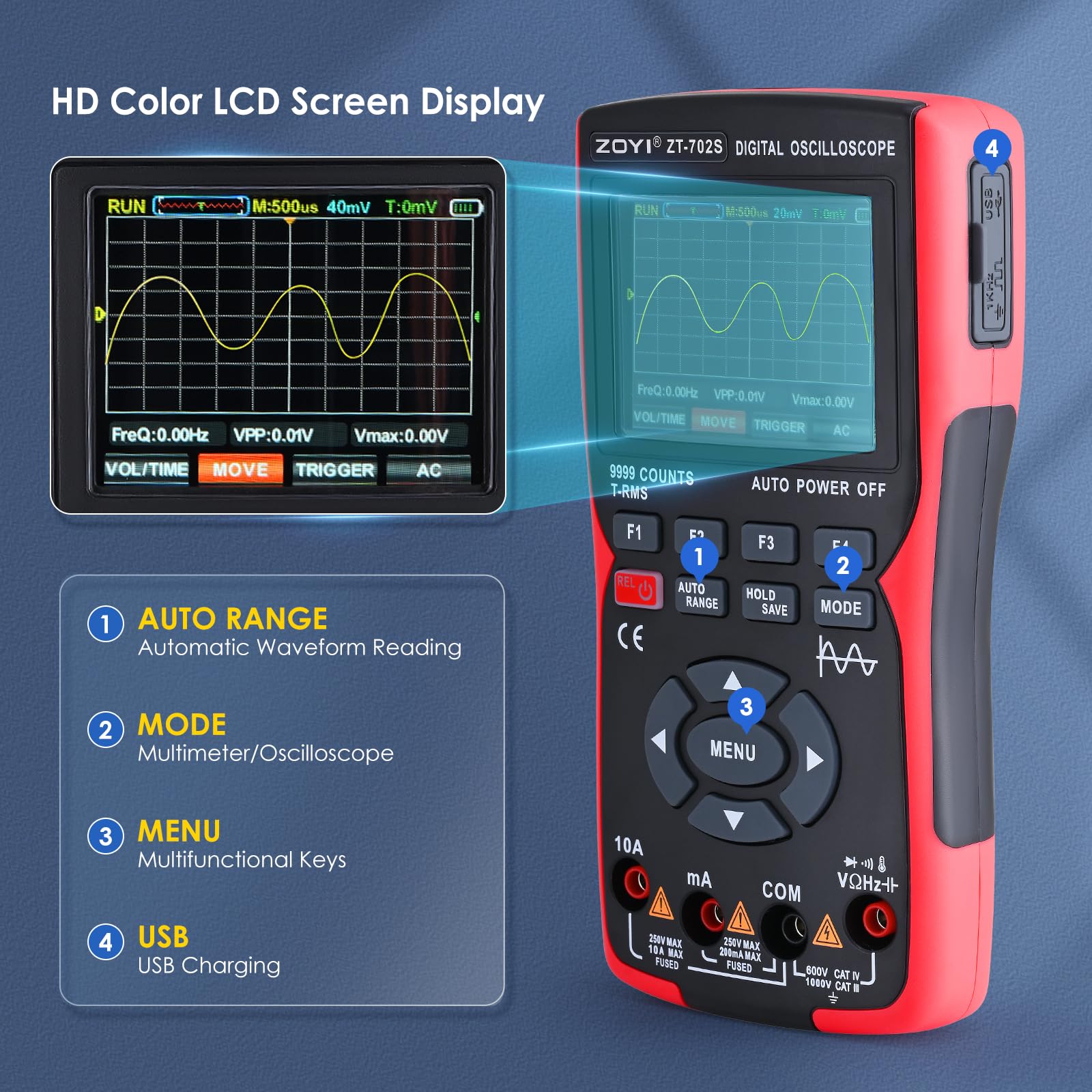 Oscilloscope Multimètre Numérique 2 En 1, Bande Passante de 10 MHz, Taux D'échantillonnage de 48 Msa/s, Kit de Testeur Oscilloscope