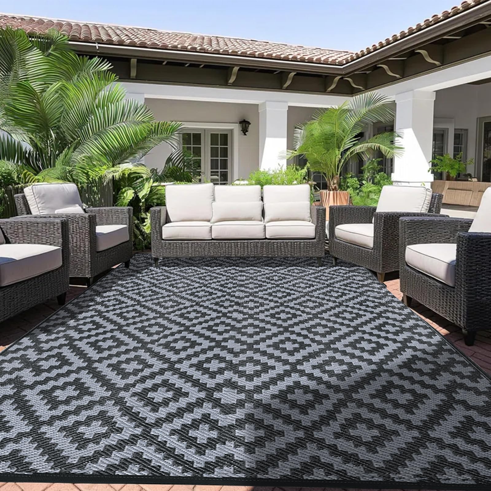 Alishomtll Tappeto per esterni, 180 x 275 cm, resistente alle intemperie, in polipropilene, impermeabile, per terrazze, giardino, balcone, reversibile, resistente ai raggi UV, per barbecue, picnic